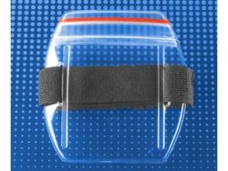 Arm band badge holder, vertical orientation, Zipper Closure. navy blue strap.