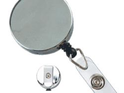 Metal case badge reel, Chrome, with slide clip & 1mm thick nylon cord. Case diameter is 1 9/16"