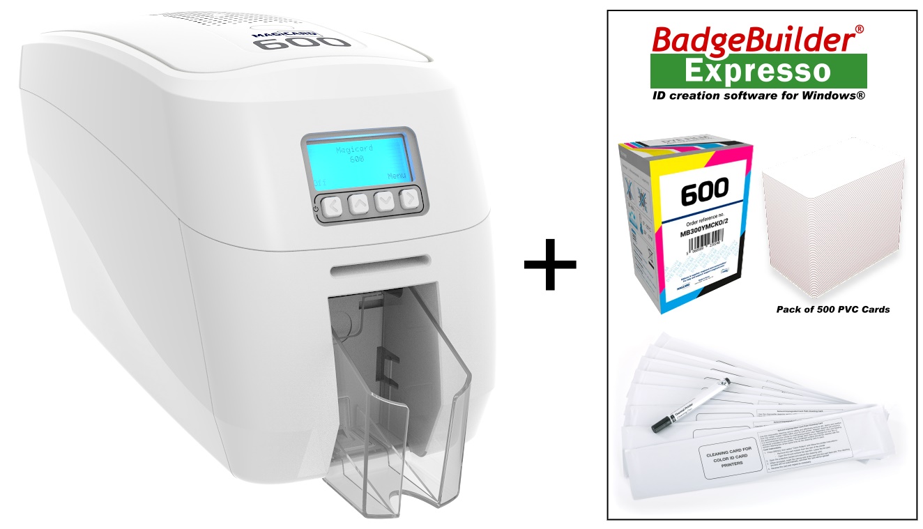 Magicard 600 Bundle with BadgeBuilder Expresso badge creation software, MB300YMCKO/2 ribbon, a pack of 500 plain white PVC cards and a cleaning kit.